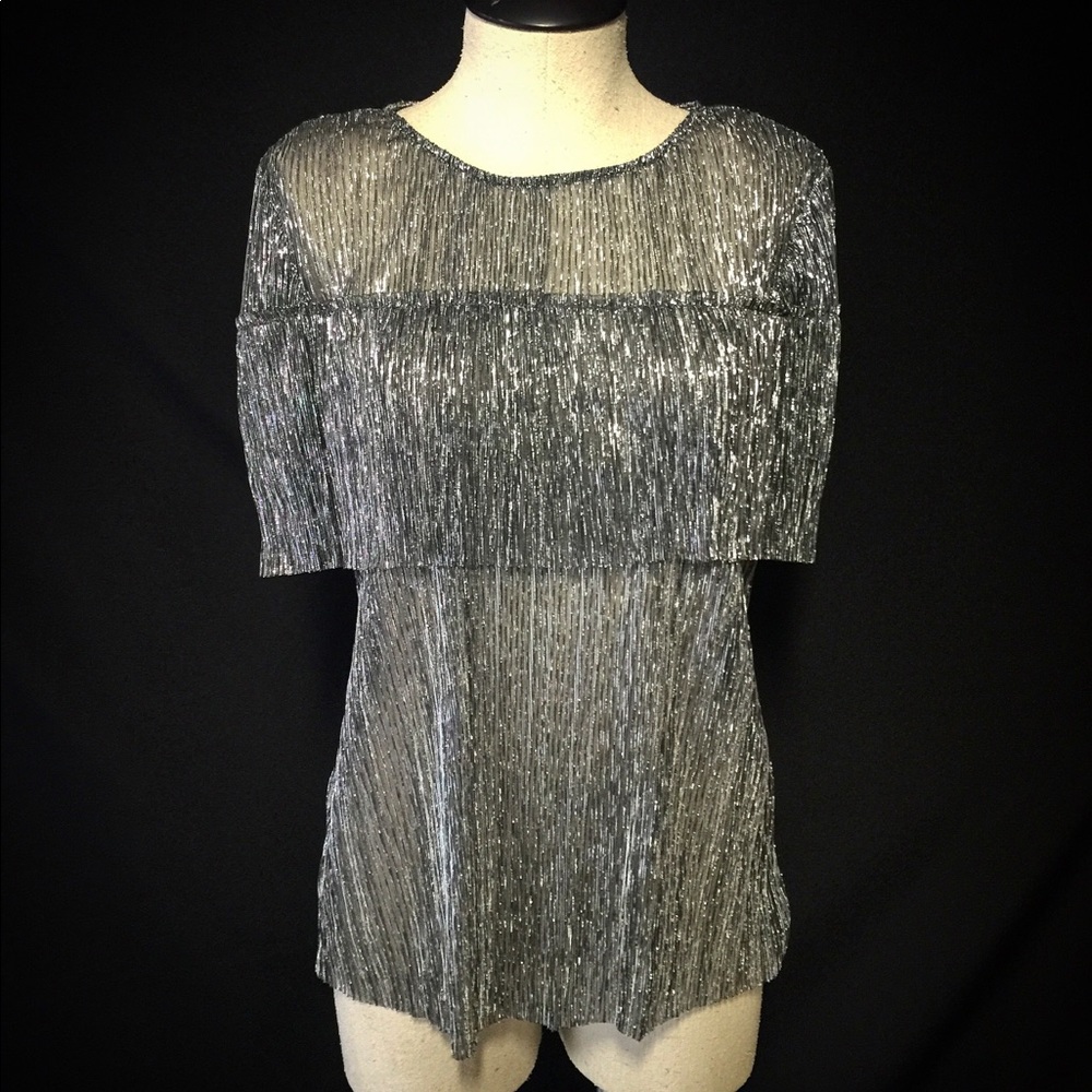 metallic textured, sheer waisted length top